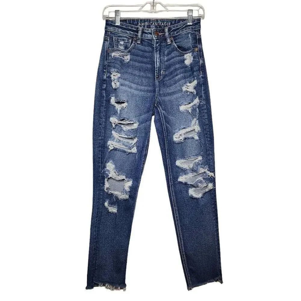 American Eagle Women's Jeans, Distressed High Rise Raw Hem Mom Jeans, Sz 2R